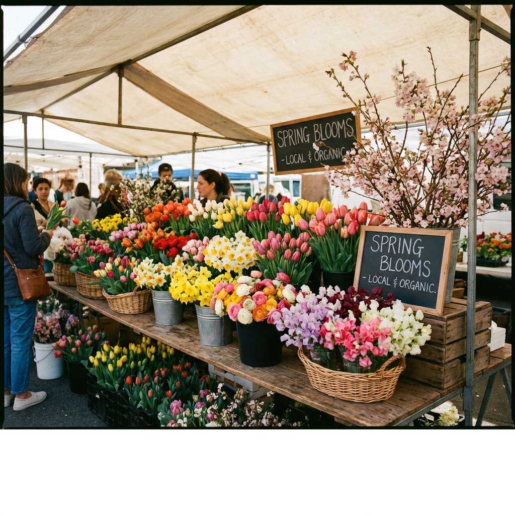 Market stall with colorful spring flowers and signs reading SPRING BLOOMS LOCAL & ORGANIC.