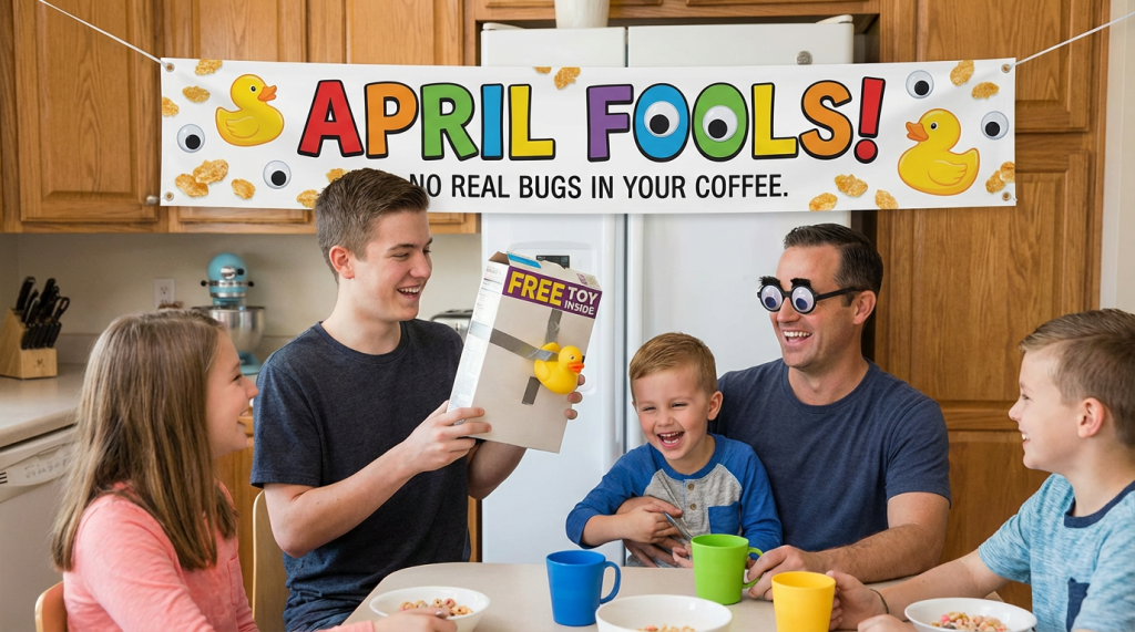 Family laughing under an 'APRIL FOOLS! NO REAL BUGS IN YOUR COFFEE' banner as a boy holds a 'FREE TOY INSIDE' cereal box.